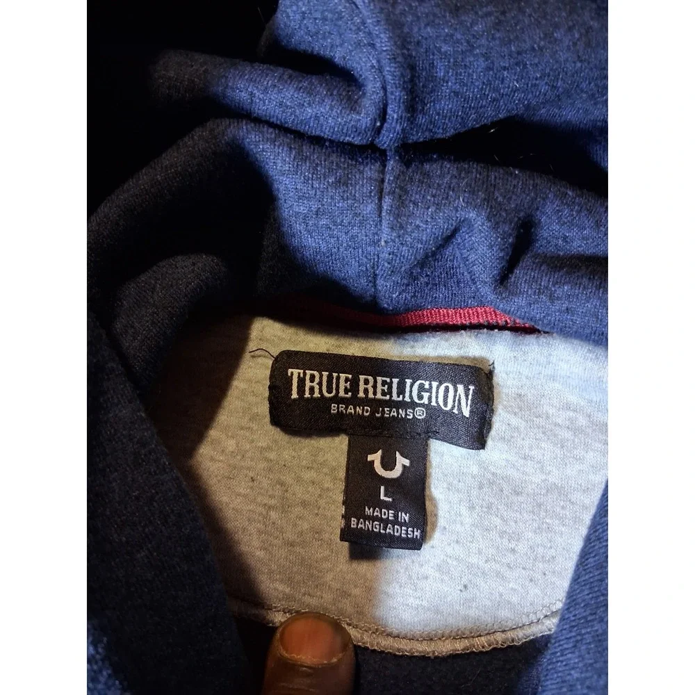 True Religion Hoodie Mens L‎ Blue Buddha Horseshoe Logo Fashion Pullover Sweater